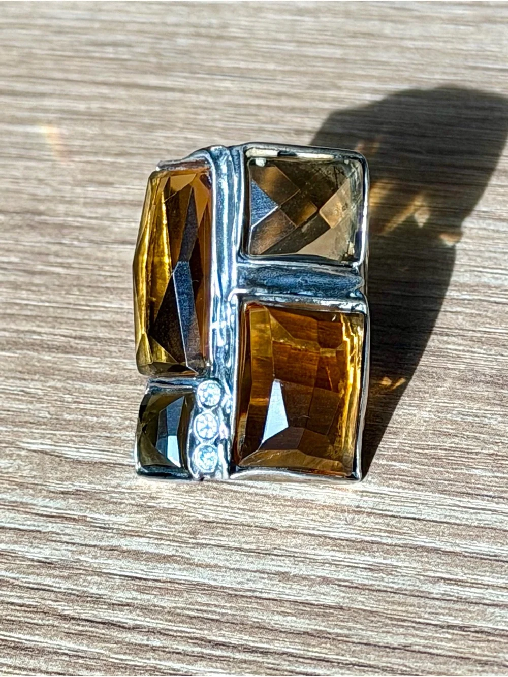 Vintage Brutalist Sterling Silver Multi-Stone Statement Ring Sz 7 Citrine Smoky